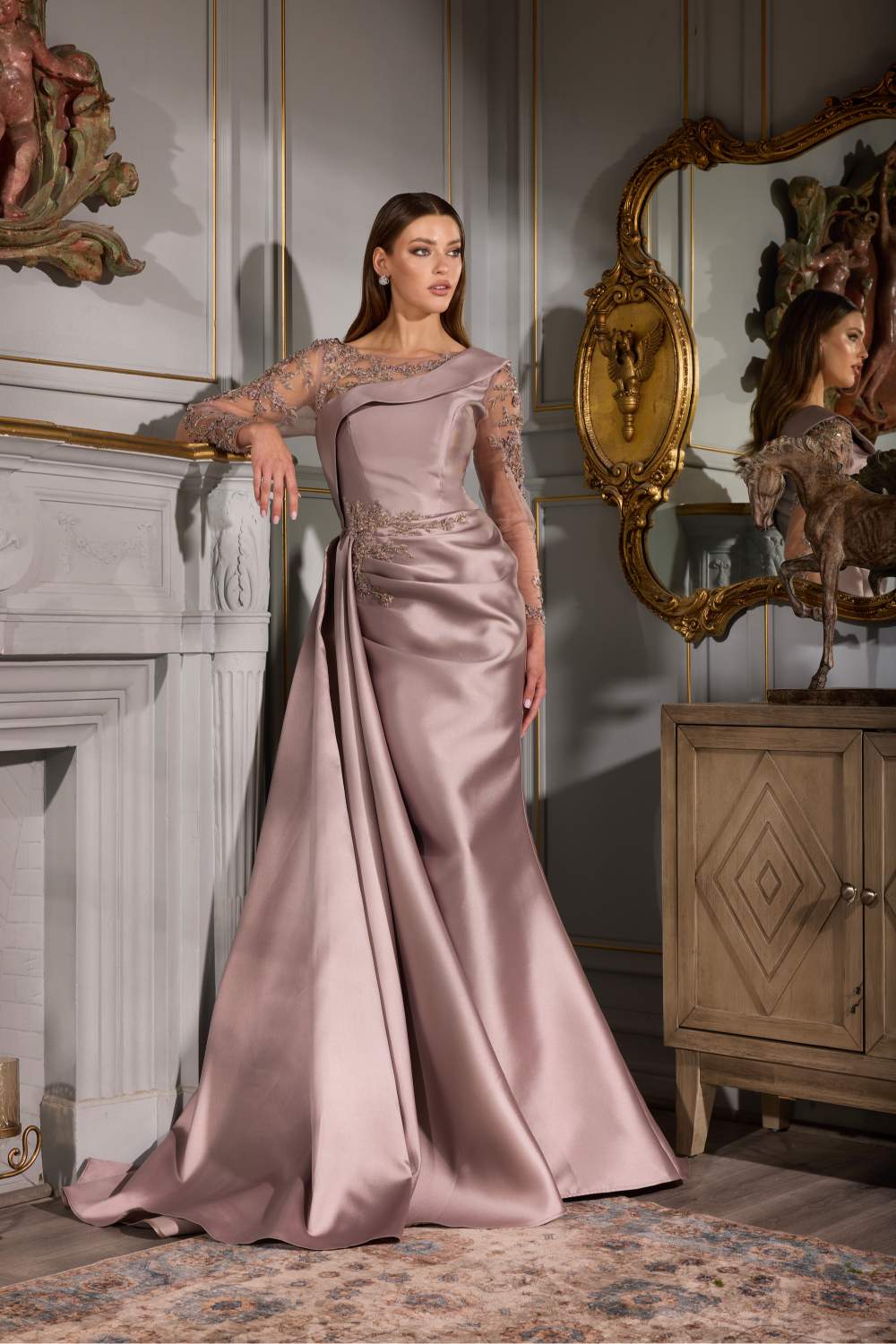 Terani Couture 252M5344 – Pleated Lace Asymmetric Crepe MOB Dress